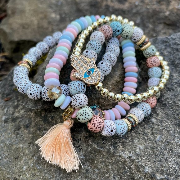 Boutique Jewelry - Stack Bracelets with Pastel Beads and Hamsa
